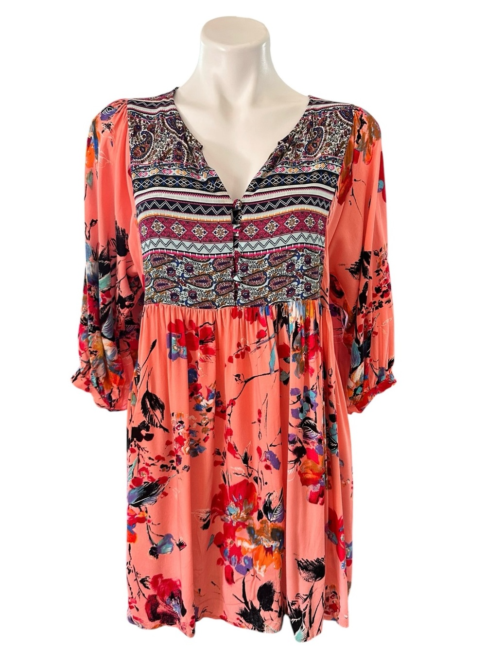 Umgee Coral Floral Paisley Boho Style Dress Size Large